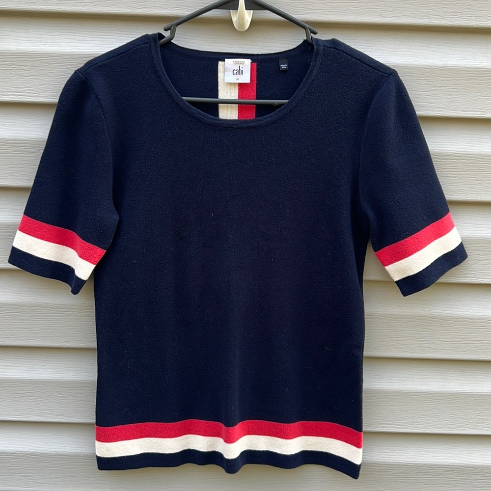 CAbi Navy Sweater with Red and White Stripes